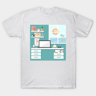 Summertime office interior cartoon illustration T-Shirt